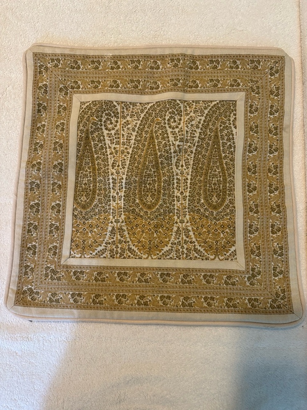 Vintage Pottery Barn Woven Gold Green Paisley Square Pillow Cover 18x18 Zipper